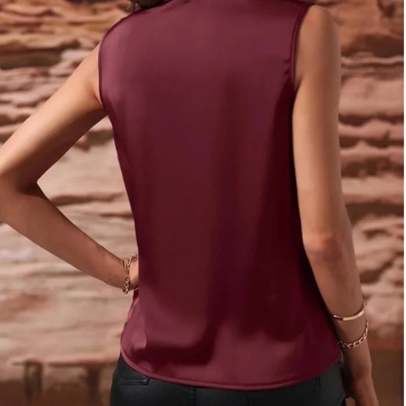 Luxe Satin Overlap Sleeveless Work Office Top Burgundy - Picture 7 of 12